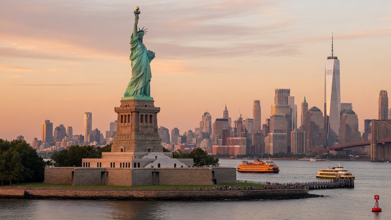 Freiheitsstatue mit der Skyline von New York City im Hintergrund, USA
